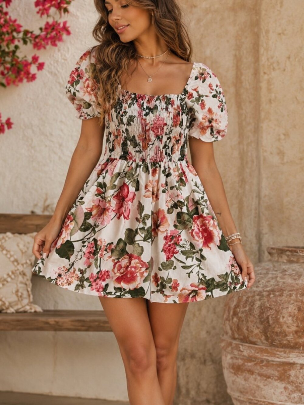 Laura Ashley Floral Off Shoulder Smocked Mini Dress Size M Cottagecore Puff Slee
